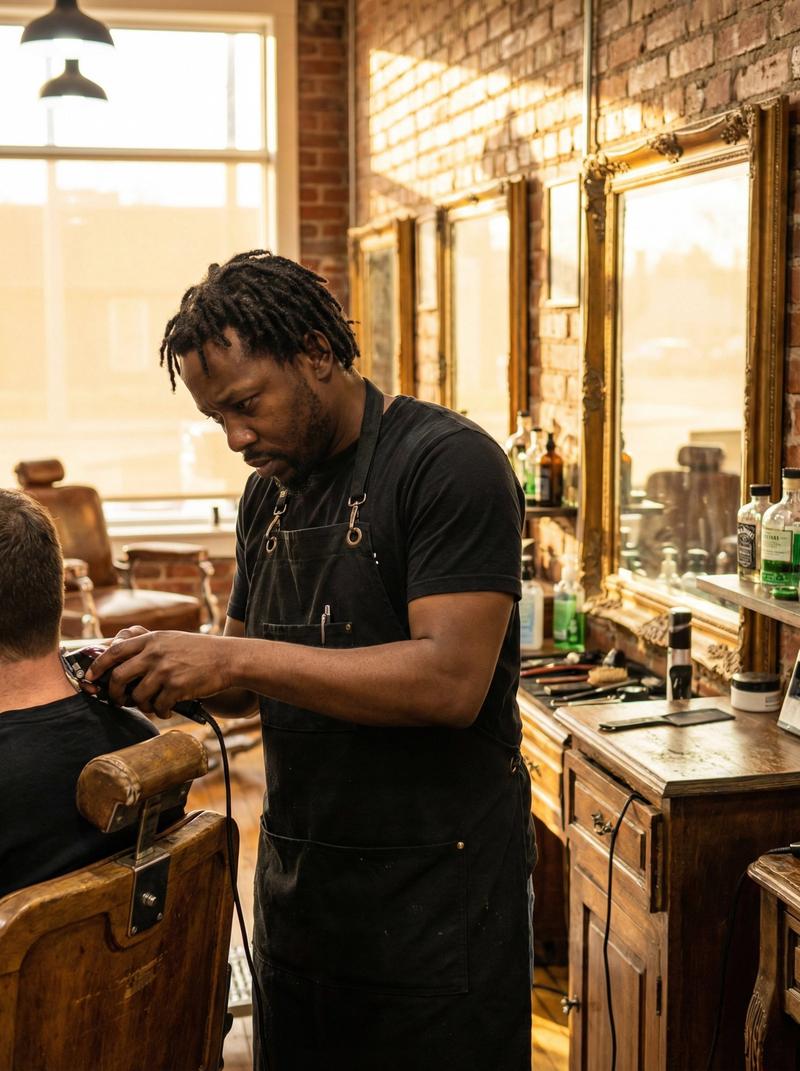 Black barber cutting hair in Brighton barbershop