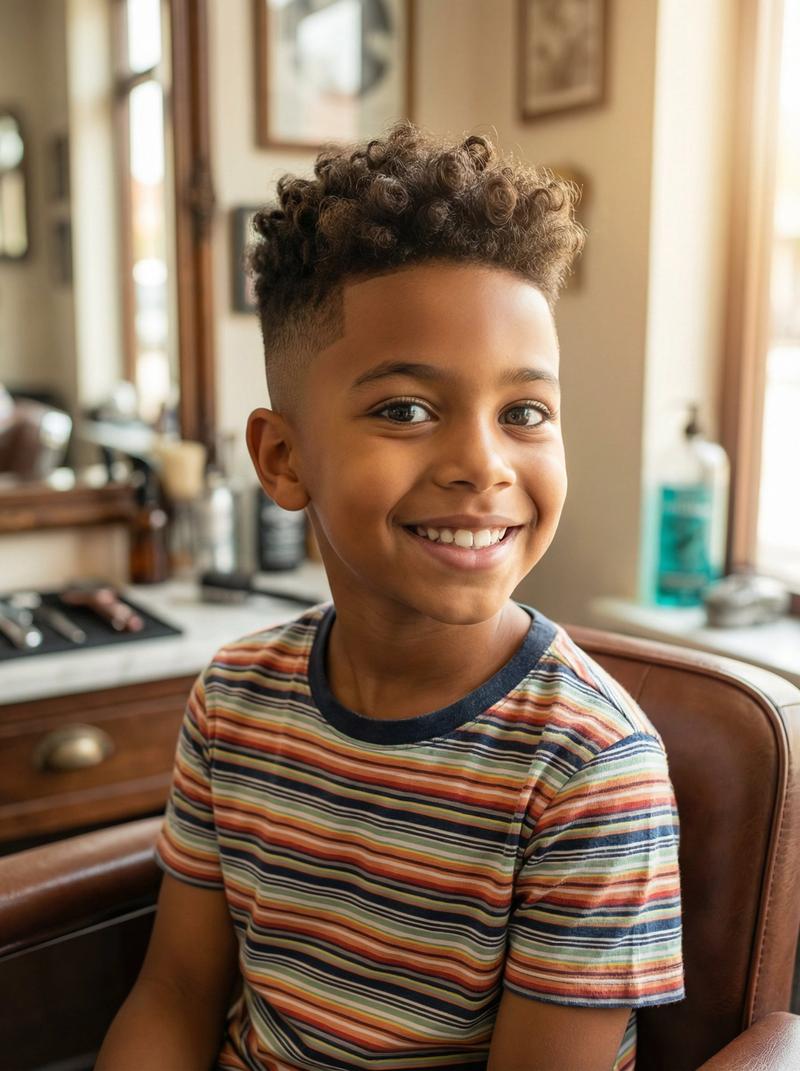 Mixed race boy with fresh haircut in barber chair